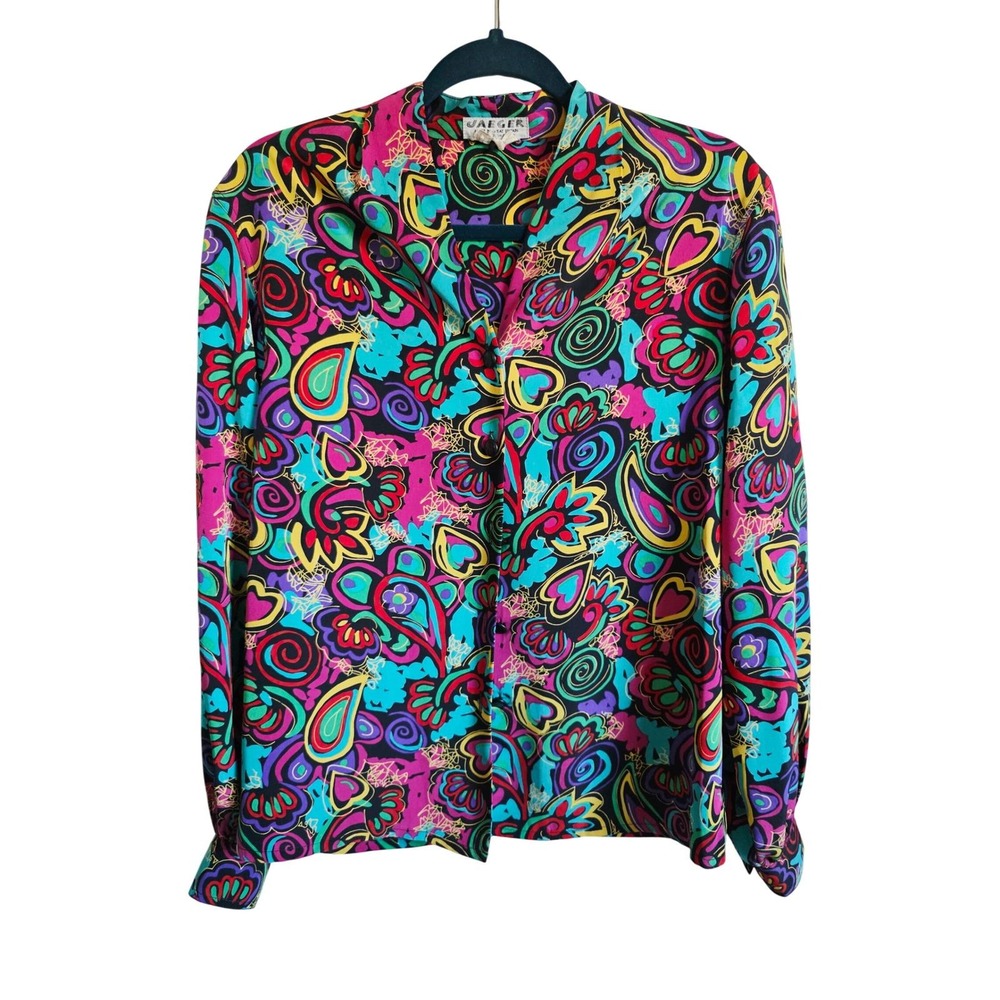 Jaeger 32 Vintage 80's Great Britain Psychedelic Paisley Heart Blouse Multicolor - Picture 4 of 8